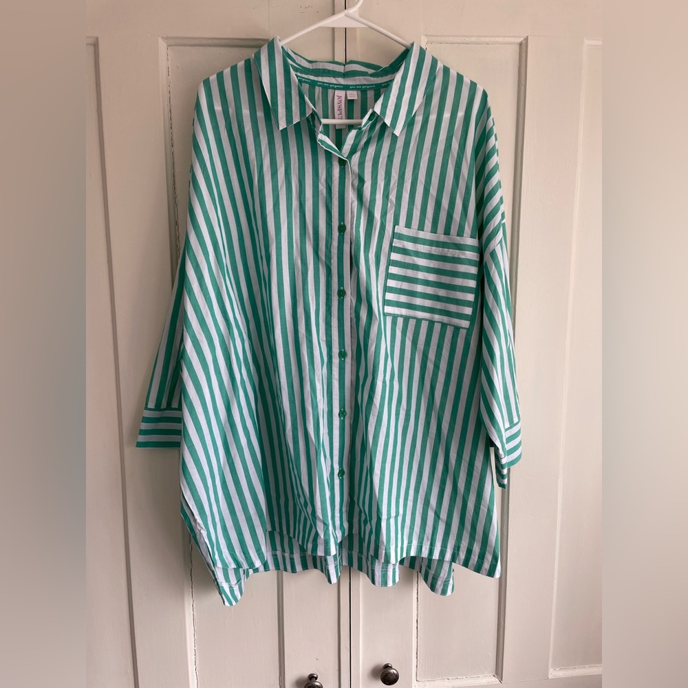 Joyspun 3X Women’s PJs Green and White Striped Pajama Button-Up Shirt NWT